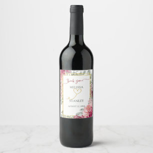 Rustic Burgundy Marsala and Pink Floral Wedding Wine Label