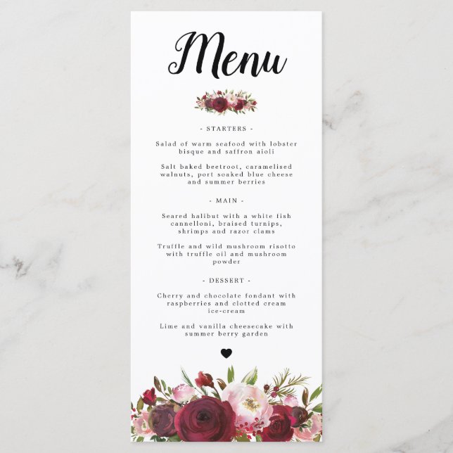 Rustic Burgundy Marsala Blush Wedding Menu (Front)