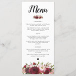 Rustic Burgundy Marsala Blush Wedding Menu<br><div class="desc">Elegant floral wedding menu cards featuring a classic white background on the front, an array of marsala red, burgundy & blush pink watercolor floral flowers, and a menu option template.==================================================================================== For further personalisation, please click the "Customise it" button to modify this template. All text style, colours, and sizes can be...</div>