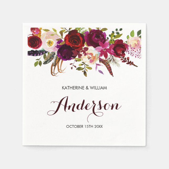 Rustic Burgundy Marsala Chic Floral Wedding Napkin (Front)