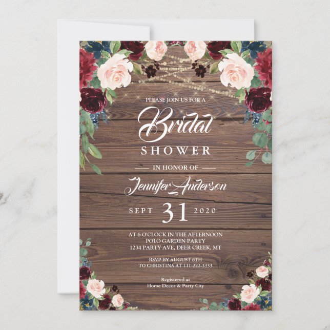 Rustic Burgundy Marsala Floral Bridal Shower Invitation (Front)