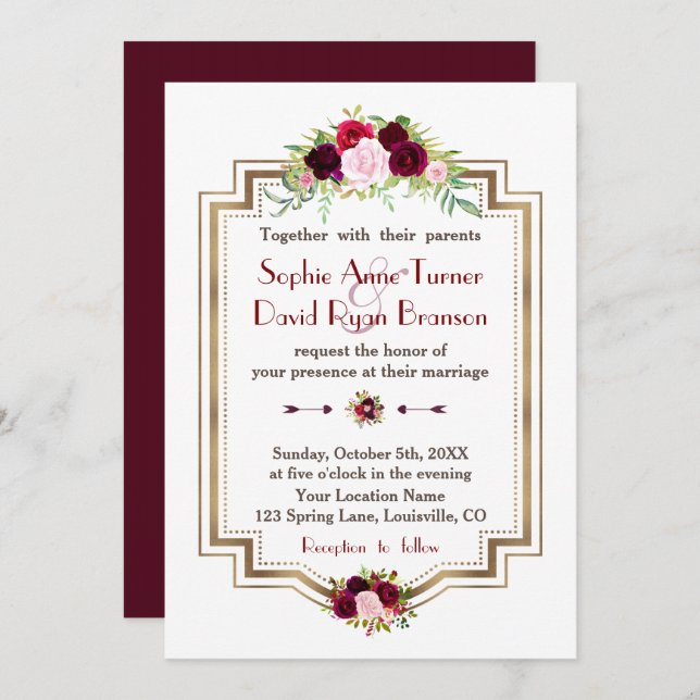Rustic Burgundy Marsala Floral Gold Fall Wedding Invitation (Front/Back)