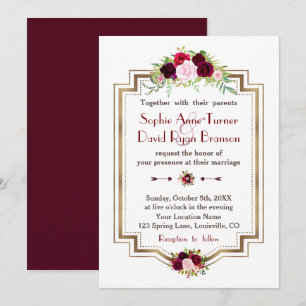Rustic Burgundy Marsala Floral Gold Fall Wedding Invitation