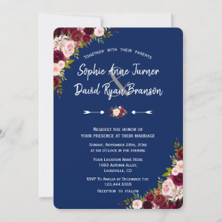 Rustic Burgundy Marsala Floral Handwriting Wedding Invitation