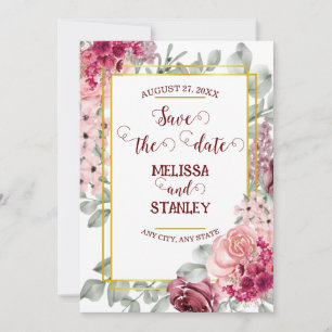 Rustic Burgundy Marsala Pink Floral Save the Date Invitation