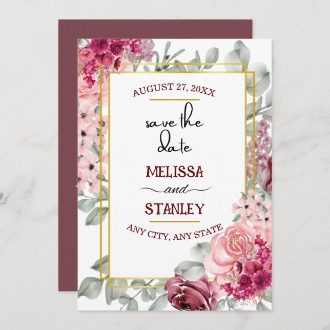 Rustic Burgundy Marsala Pink Floral Save the Date Invitation (Front/Back)