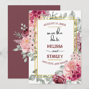 Rustic Burgundy Marsala Pink Floral Save the Date Invitation