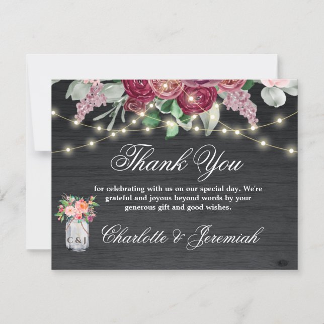 Rustic Burgundy Mason Jar String Lights Wedding  Thank You Card (Front)