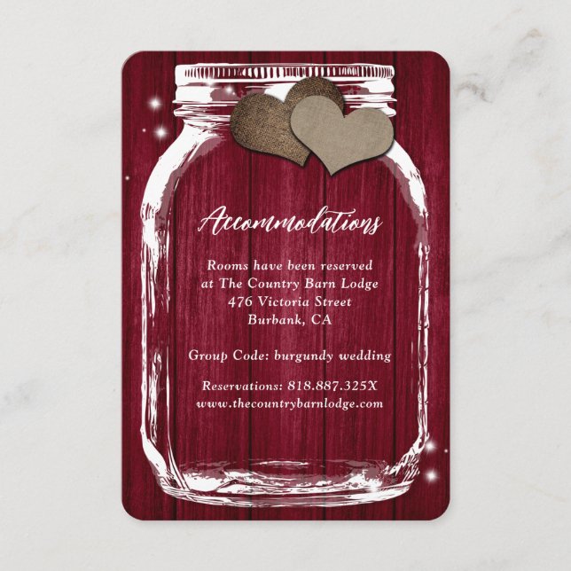 Rustic Burgundy Mason Jar Wood Accommodation Card (Front)