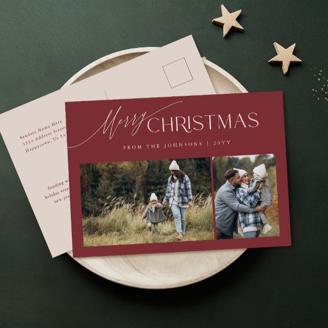 Rustic Burgundy Modern 2 Photo Christmas Holiday Postcard (Creator Uploaded)