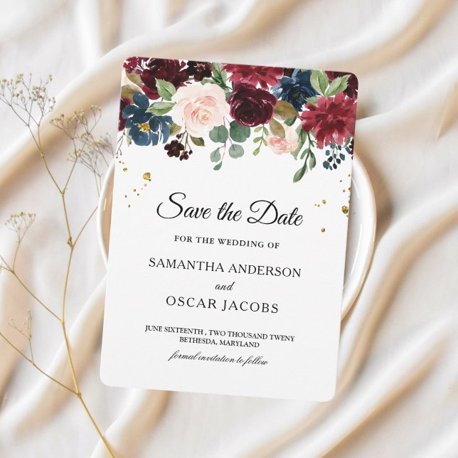 Rustic Burgundy & Navy Blue Floral Save The Date (Creator Uploaded)