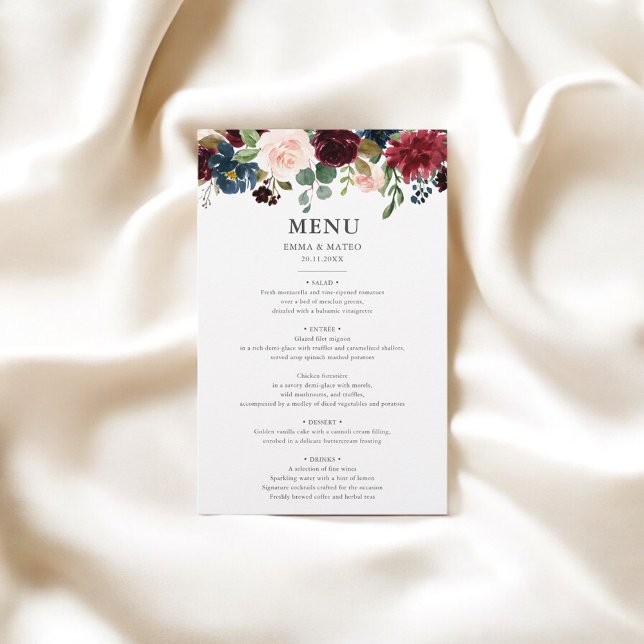 Rustic Burgundy Navy Blue Floral Wedding Menu (Creator Uploaded)