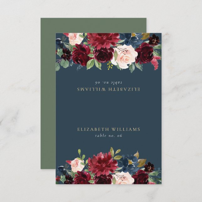 Rustic Burgundy & Navy Blue Guest Name Place Card (Front/Back)