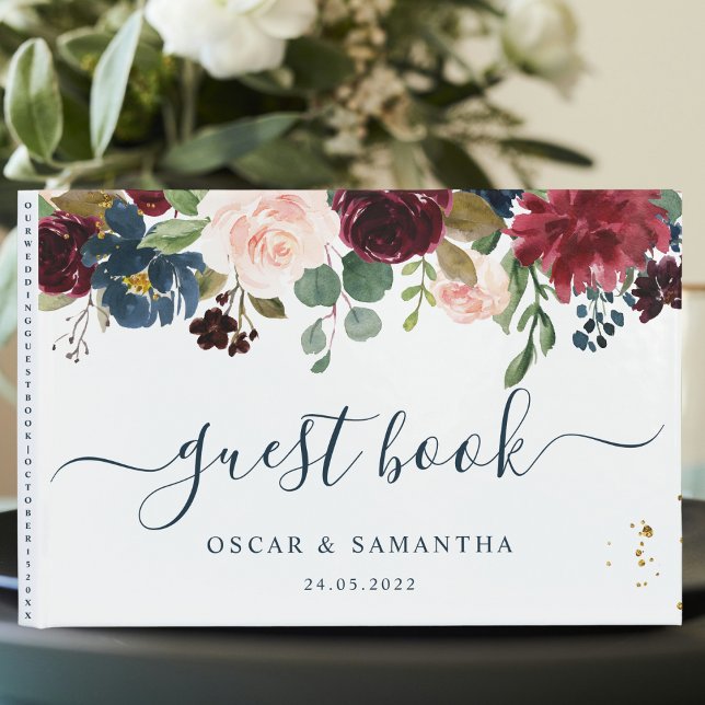 Rustic Burgundy Navy Blue & Red Beauty Flowers  Guest Book (Creator Uploaded)