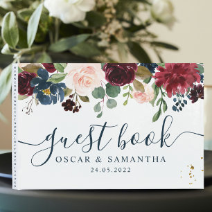 Rustic Burgundy Navy Blue & Red Beauty Flowers Guest Book