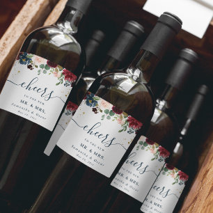 Rustic Burgundy Navy Blue & Red Beauty Flowers  Wine Label