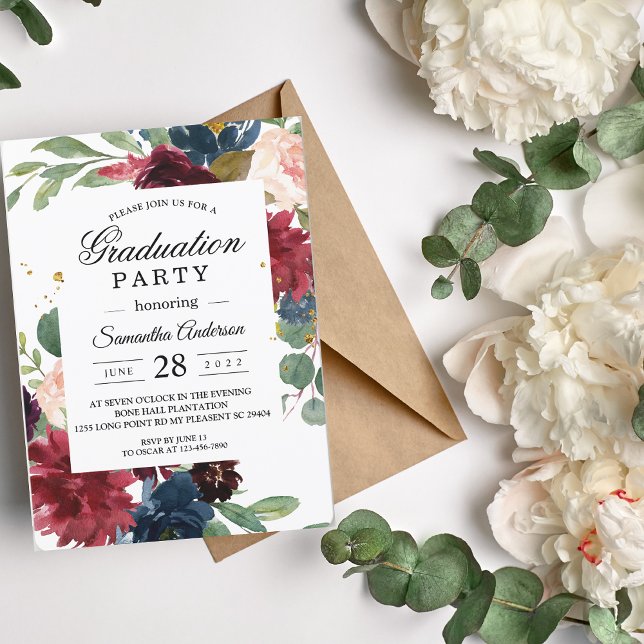 Rustic Burgundy Navy Blue & Red Floral Frame Invitation (Creator Uploaded)