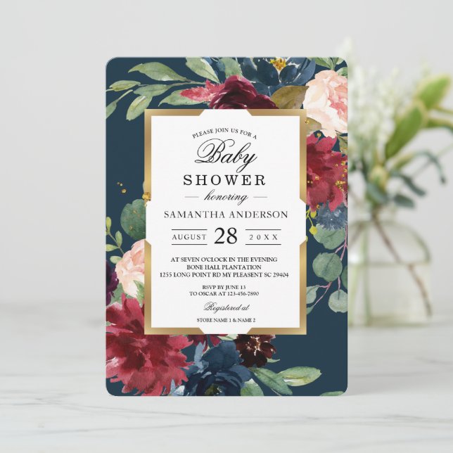 Rustic Burgundy Navy Blue & Red Floral Gold Frame Invitation (Standing Front)