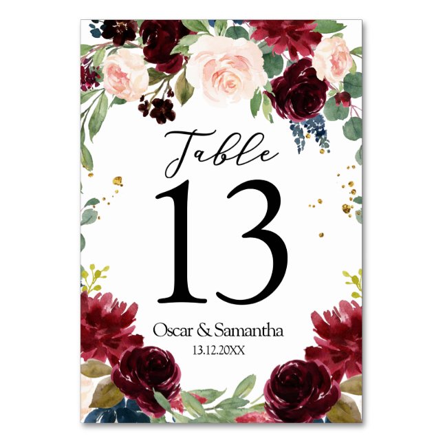 Rustic Burgundy Navy Blue & Red Flowers Frame Table Number (Front)