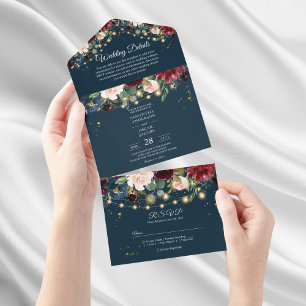 Rustic Burgundy Navy Blue & Red Flowers & Lights All In One Invitation