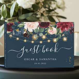 Rustic Burgundy Navy Blue & Red Flowers & Lights Guest Book