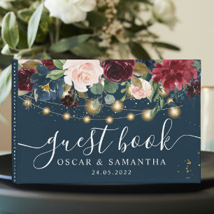 Rustic Burgundy Navy Blue & Red Flowers & Lights Guest Book