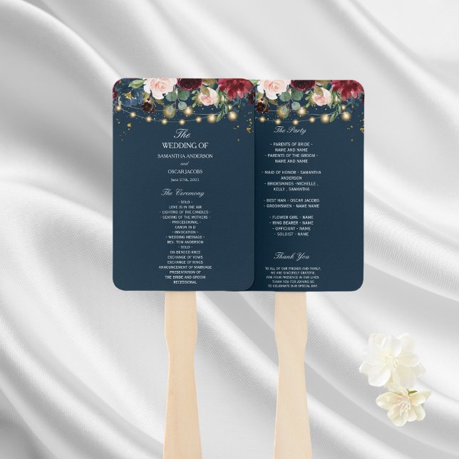 Rustic Burgundy Navy Blue & Red  Flowers  & Lights Hand Fan (Creator Uploaded)