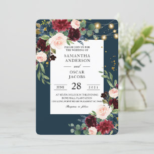 Rustic Burgundy Navy Blue & Red Flowers  & Lights Invitation