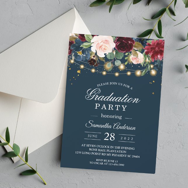Rustic Burgundy Navy Blue & Red  Flowers  & Lights Invitation (Creator Uploaded)