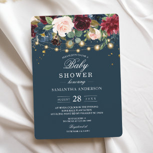 Rustic Burgundy Navy Blue & Red  Flowers  & Lights Invitation