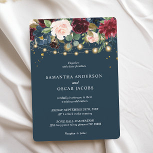 Rustic Burgundy Navy Blue & Red  Flowers  & Lights Invitation