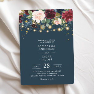 Rustic Burgundy Navy Blue & Red  Flowers  & Lights Invitation