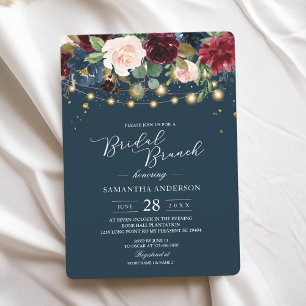 Rustic Burgundy Navy Blue & Red  Flowers  & Lights Invitation