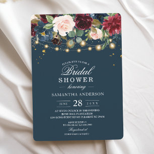Rustic Burgundy Navy Blue & Red  Flowers  & Lights Invitation