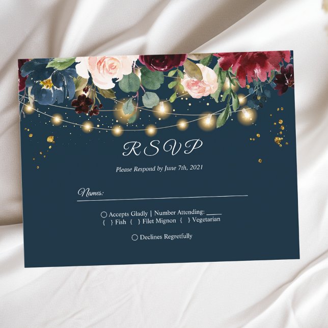 Rustic Burgundy Navy Blue & Red  Flowers  & Lights Invitation Postcard (Creator Uploaded)