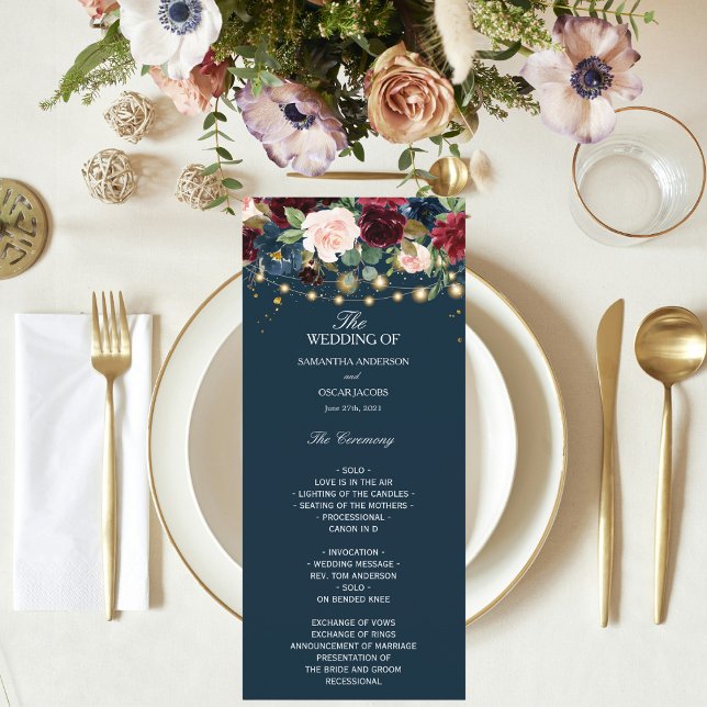 Rustic Burgundy Navy Blue & Red  Flowers  & Lights Menu (Creator Uploaded)