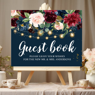 Rustic Burgundy Navy Blue & Red Flowers & Lights Poster