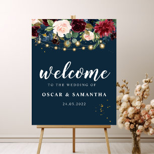 Rustic Burgundy Navy Blue & Red Flowers & Lights Poster