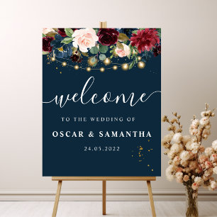 Rustic Burgundy Navy Blue & Red Flowers & Lights Poster