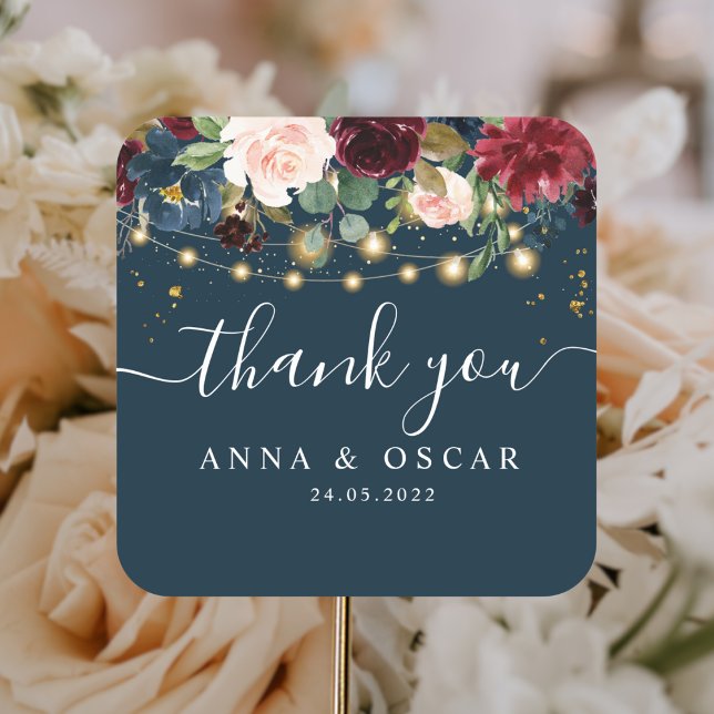 Rustic Burgundy Navy Blue & Red  Flowers  & Lights Square Sticker (Creator Uploaded)