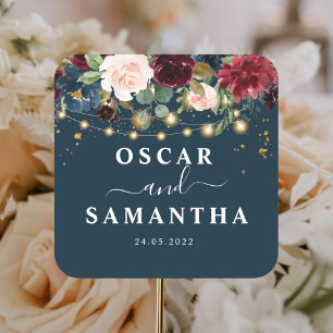 Rustic Burgundy Navy Blue & Red  Flowers  & Lights Square Sticker