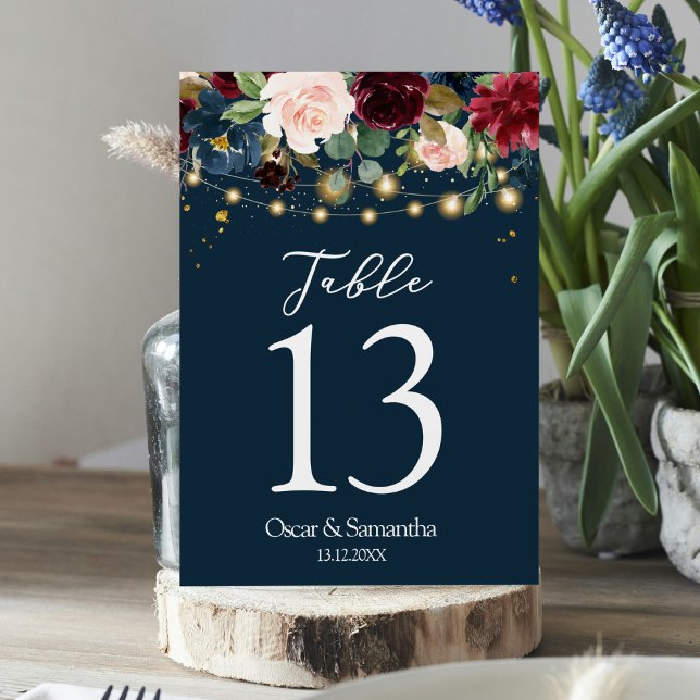 Rustic Burgundy Navy Blue & Red  Flowers  & Lights Table Number (Creator Uploaded)