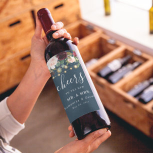 Rustic Burgundy Navy Blue & Red  Flowers  & Lights Wine Label