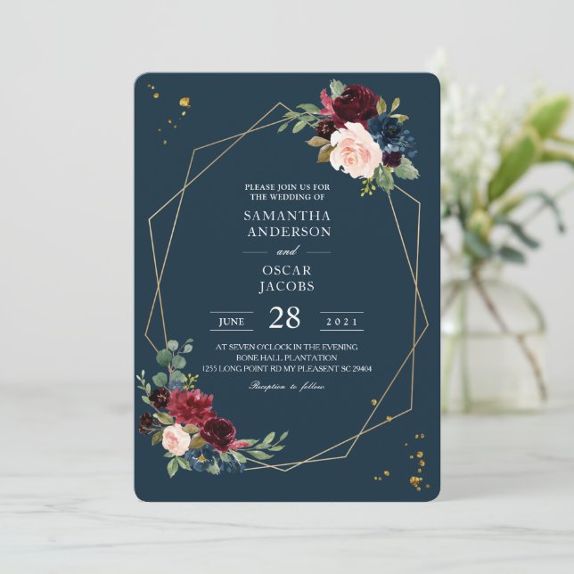 Rustic Burgundy Navy Blue & Red Gold Flowers Frame Invitation (Standing Front)