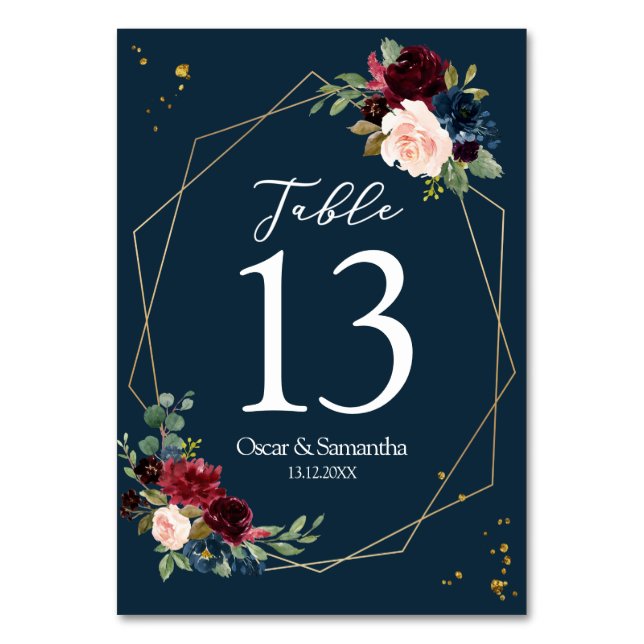 Rustic Burgundy Navy Blue & Red Gold Flowers Frame Table Number (Front)