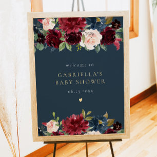 Rustic Burgundy & Navy Floral Baby Shower Welcome Poster