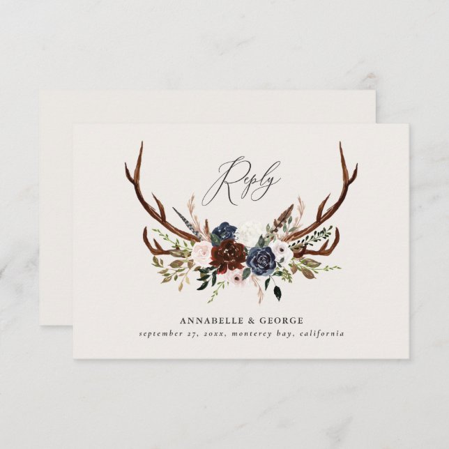 Rustic burgundy navy floral botanical wedding enclosure card (Front/Back)