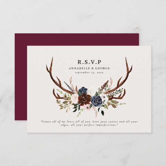 Rustic burgundy navy floral botanical wedding enclosure card (Front/Back)