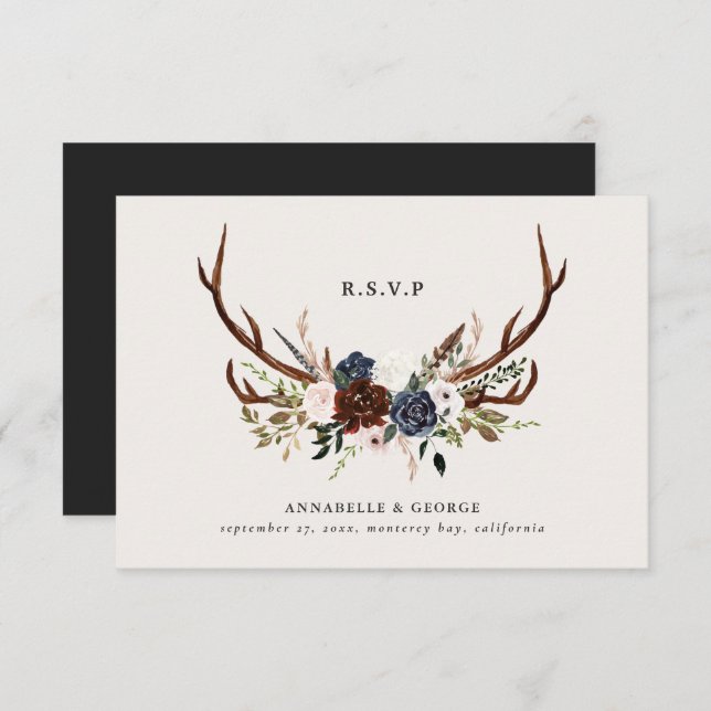 Rustic burgundy navy floral botanical wedding enclosure card (Front/Back)