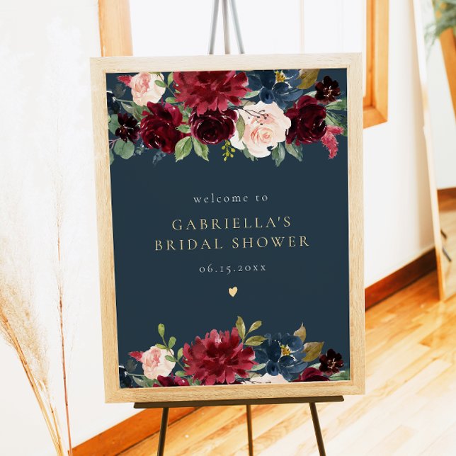 Rustic Burgundy Navy Floral Bridal Shower Welcome Poster (Creator Uploaded)